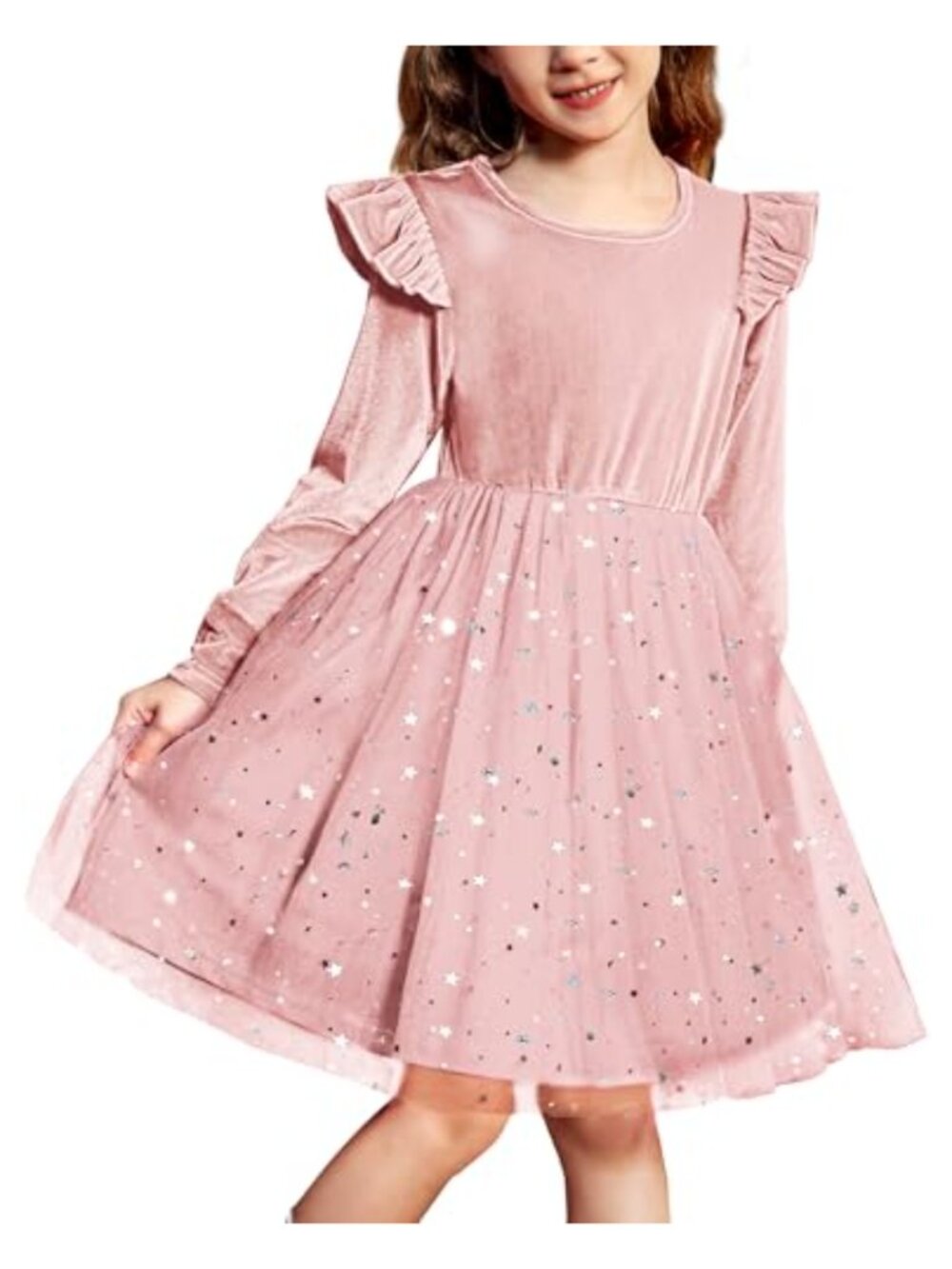 Toddler Girls Velvet Tulle Long Sleeve Ruffle Party Dress